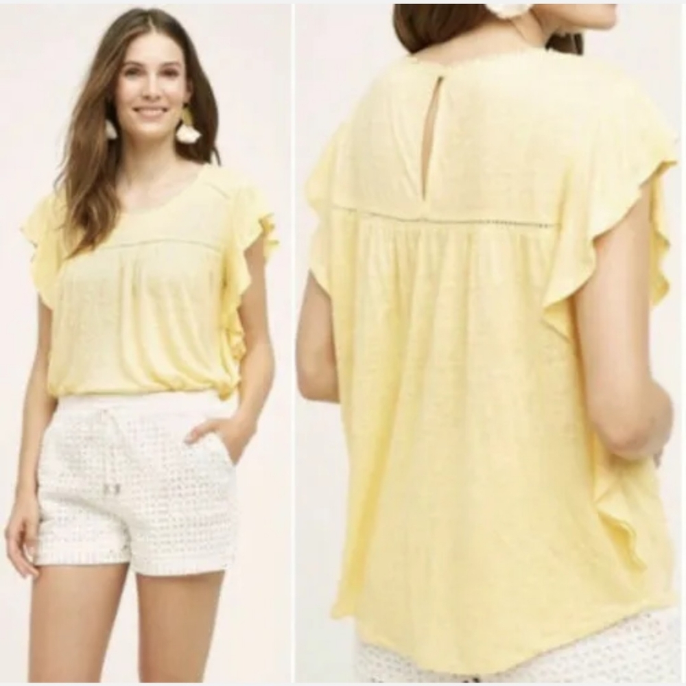 NWT Anthropologie Deletta Ina Fluttered Sleeve Linen Top Yellow Size XS